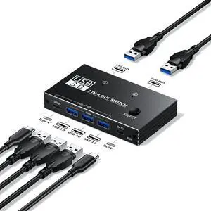 BieiFAU USB 3.0 Switcher 2 Computers Sharing USB C & A Devices, 4 Port Sharing Keyboard and Mouse, Scanner/Printer with 2 USB-A to A Cables