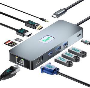 Homsmark 11 in 1 Laptop Docking Station Dual Monitor, 3.2 Gen 2(10Gbps) USB C Hub, 100W PD, 4K@60Hz HDMI, USB C Docking Station,1080P VGA, 1000Mbps LAN, USB Hub for Laptop/MacBook/Surface/Tablet PC