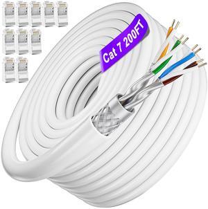 Cat 7 Outdoor Ethernet Cable 200ft Bulk (10 RJ45), SFTP Cat 7 Triple Shielded Ethernet Cable, Heavy Duty High Speed Patch Cables 10Gbps 600Mhz, Direct Burial, Waterproof, UV Resistant for Gaming