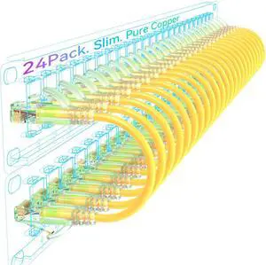 Sokqovt Cat6a Patch Cables Slim 3ft (24 Pack), Flexible Cat6 Ethernet Patch Cable 10G 550MHZ, 28AWG Pure Copper Cat6 Patch Cable for Network Cabinet, Cat 6 Patch Cable Yellow