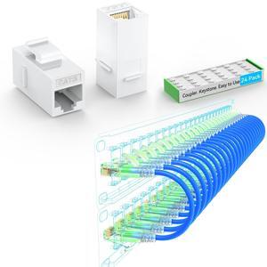 Cat6a Patch Cables Slim 1ft (24 Pack) Blue and CAT6 RJ45 Keystone Coupler (24 Pack) White
