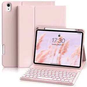 SQBEBS Case with Keyboard for iPad (A16) 11th / 10th Generation 11 inch 2025/10.9 inch 2022, 7 Colors Backlit Detachable Keyboard, Stand Folio Keyboard Cover with Pencil Holder, Light Pink