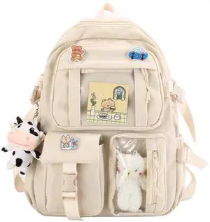 srdmuph Kawaii Backpack with Cute Accessories Pin Pendant Travel Laptop Bag Large Outdoor Waterproof Casual Daypack Women (White)