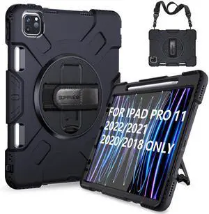 SUPFIVES 2022 iPad Pro 11 inch Case (4th Generation),Upgraded Military Grade Shockproof Silicone iPad Pro 11 4th/3rd/2nd Gen Cover Pencil Holder+ Handle+ Shoulder Strap+ Rotating Kickstand, Black