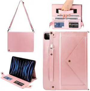 Case for iPad Pro 11 2022/2021/2020, iPad Air 11 2025/2024/2022/2020, Techcircle Smart Folio Stand PU Leather Cover w/Hand Strap/Pencil Holder/Card Slots/Envelope Pocket Wallet Case, Rose Gold