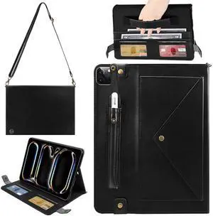 Handbag Case for iPad Pro 13-inch M4 2024 7th Gen, Techcircle Folio Stand PU Leather Crossbody Wallet Case with Pencil Holder, Hand Strap & Shoulder Strap, Black