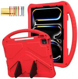 Kids Case for iPad Pro 13" 2024/Air 13" M3 M2, iPad Pro 12.9 2018-2022 Cover with Pencil Holder, Techcircle Lightweight Shockproof EVA Foam Handle Stand Anti-Slip Grip Rugged Case, Red