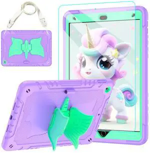 TOMORRY for iPad 9th/8th/7th Generation Case 10.2" with Tempered Glass Screen Protector,Unicorn Stand & Pencil Holder Shoulder Strap,Shockproof for iPad 10.2 Case 2021/2020/2019 Kids (Purple)