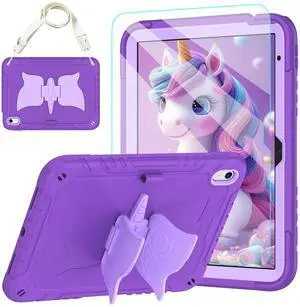TOMORRY for iPad (A16) 11th Generation 11 Inch 2025/iPad 10th Generation Case 10.9 Inch 2022 with Tempered Glass Screen Protector,Unicorn Stand,Shoulder Strap,for iPad 10 Case Kids Girls (Dark Purple)
