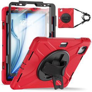 TSQQST Case for iPad Air 11 Inch M3 M2 2025 2024 7th/6th/5th/4th Generation 10.9" w/Screen Protector | Heavy Duty Rugged 360deg Rotate Stand Case with Hand/Shoulder Strap, Red