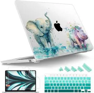 Tuiklol for 2025 2024 2023 MacBook Air 15 inch Case M4 M3 M2 Chip, Model A3241 A3114 A2941 Hard Shell Case with Keyboard Cover & Screen Protector for MacBook 15.3'' Cover,Elephant and Hippo