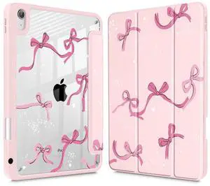 Tuiklol Case for iPad Air 11'' (M3 2025/M2 2024) 6th Gen/iPad Air 10.9'' 2022 2020 Air 5th /4th Gen, Buit in Pencil Holder with Shockproof Cover Clear Transparent Back Auto Wake/Sleep, Bow-Pink