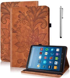 Case for Kindle Fire HD 8 (9th/8th/7th/6th Gen, 2016/2017/2018/2019), Embossed Lace PU Leather Flip Folio Tablet Case with Elastic Band & Card Slots/Holder, Multi-Angle Viewing Stand Cover, Brown