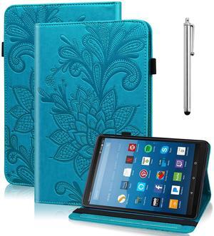 Case for Kindle Fire HD 8 (9th/8th/7th/6th Gen, 2016/2017/2018/2019), Embossed Lace PU Leather Flip Folio Tablet Case with Elastic Band & Card Slots/Holder, Multi-Angle Viewing Stand Cover, Blue
