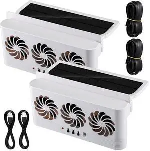 Tujoe 2 Pack Solar Powered Car Exhaust Fan 3 Fans Car Window Air Vent Radiator Solar Energy Cooling Vent Exhaust for General Types (Solar & Battery & USB 3 Fans,White)
