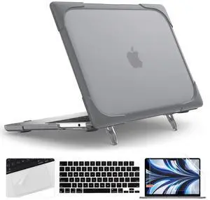 TWOLSKOO for MacBook Air 13.6 inch Case 2024 2023 2022 M3 M2 Chip A3113 A2681 with Touch ID, Heavy Duty Rugged Shockproof Hard Shell Dual Layer Protective Cover with Fold Kickstand, Grey