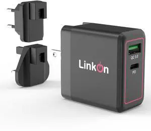 LinkOn Ganius 65W Wall Charger GaN Tech 65W USB-C PD3.0 PPS and 18W USB-A QC4.0+ Compatible with MacBook HP Dell Lenovo Surface Samsung Galaxy S20 Ultra Note 10+ Portable Laptop Travel International