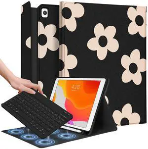 Wazzasoft for iPad 9th/8th/7th/Air 3rd Generation/Pro 10.5 Inch Case Keyboard Pencil Holder Folio Tablet Cover Women Girl Cute Girly Teen Kawaii Black Flower Unique Design for Apple 10.2 & 10.5 Inch