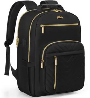 WELIDAY Laptop Backpack for Women, Work Travel Computer Bags, Quilted Casual Daypack with USB Port, Waterproof Computer Backpack Fit 15.6 Inch Laptop (Black)