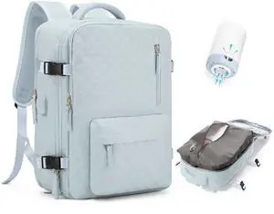Travel Vacuum Storage Backpack with Air Pump Vacuum Seal Compression Space Saver Bags Clothing Vacpack Airback 18x14x8 inches Travel Bag Carry on Personal item Laptop Work Backpacks Women LightBlue
