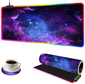 YQE RGB Gaming Mouse Pad, 35.4"x15.7" Desk Mat for Keyboard and Mouse, LED Game Mousepad with 14 Colors Modes, Non-Slip Desk Pad Matt Protector+Coasters-for Home, Office, Desktop, Galaxy Purple