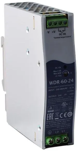 WDR-60-24 24V 2.5A 60W Industrial Power Supply, Ultra Slim, Wide Input Voltage, for Automation Control