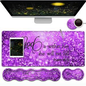 Gaming Mouse Pad,Large Mouse Pad with Stitched Edge,Non-Slip Base Office Desk Pad Ergonomic Keyboard Wrist Rest Set,Waterproof Writing Pad,Psalm 46:5 Purple Glitter Pattern Extended XXL Desk Mat