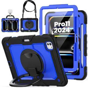 ZSLVPN for iPad Pro 11 Inch Case 2024 M4, Heavy Duty Shockproof Protective iPad 11 Pro Case with Rotating Handle & Stand- Shoulder Strap- Screen Protector- Pencil Holder, Black/Blue