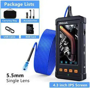 Industrial Endoscope Camera 5.5mm Single Lens Waterproof Borescope with 8GB TF Card 6 LED Light 4.3 inch IPS Screen Snake Endoscope, 5M