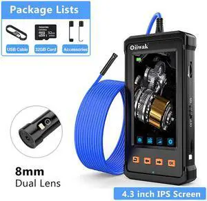 Industrial Endoscope Camera 8.0mm Dual Lens Waterproof Borescope with 6 LED Light 4.3 inch IPS Screen Snake Endoscope, 15M