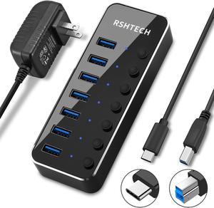 Powered USB HUB RSHTECH Type C to 7 Port USB 3.0 Hub Aluminum Portable Splitter with Individual On/Off Switches (RSH-518C)