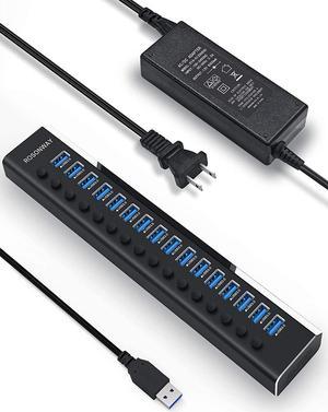 Rosonway Powered USB Hub 16 Ports 100W USB 3.0 Data Hub Aluminum USB Hub 3.0 Splitter with 12V/8.3A UL Certified Power Adapter and Individual On/Off Switches RSW-A16 (Black)