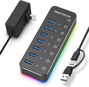 Powered USB Hub, RSHTECH RGB 7 Ports USB 3.0/USB C Hub with 14 Mode RGB LED Strip, Individual Touch Switches, 3.3ft Data Cable and 5V/4A Power Adapter, Aluminum USB Hub for PC and Laptop, RSH-518R