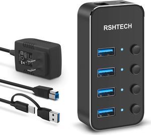 USB 3.0 Hub RSHTECH 4 Port Powered USB 3.0/USB C Hub Upgraded Version with 2-in-1 3.3ft USB Cable,5V Power Adapter and Individual Switches, Portable Aluminum USB Splitter for Laptop and PC, RSH-ST04