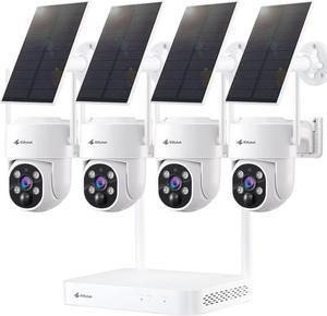 Kittyhok Solar Security Cameras Wireless Outdoor System | 4pcs 2K Ultr HD Pan Tilt Home Solar Security Camera with Human Detection, Spotlight | 10CH Smart NVR, 60 Days Local Storage, 0 Monthly Fee