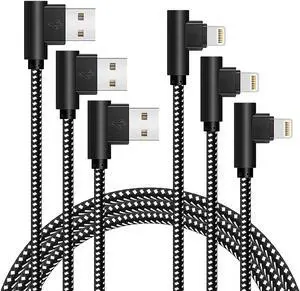 [3-Pack] Right Angle iPhone Charging Cable Nylon Braided 90 Degree Elbow Design Compatible with iPhone Xs Max/XS/XR/X 8 7 6s 6 Plus SE 5s 5c 5 iPad Mini/Air/Pro (Black White 10ft)