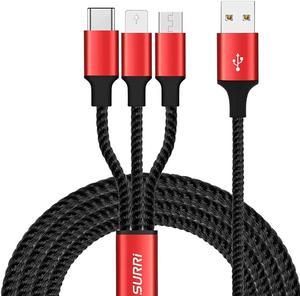Multi USB Charger Cable, 3Pack [4FT+4FT+6FT] SURRI 3 in 1 Nylon Braided Multiple USB Fast Charging Cord Type C/Micro USB Connector Compatible 11/X/8/7/Galaxy S10/9/8 More(Black)