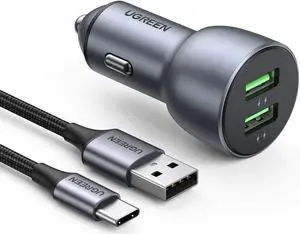 UGREEN USB Car Charger 36W Fast Charge - QC 3.0 Car Charger Adapter Alloy Body Compatible with iPhone 13/13 Mini/12Pro Max/SE/XR/X/XS/11, iPad 9, Samsung Galaxy S21/S20/S10+/Note 20 (Cable Included)