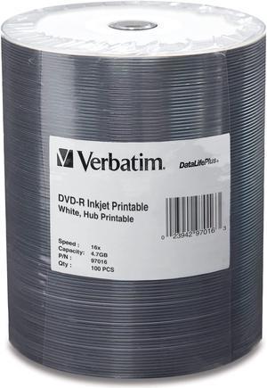 Verbatim DVD-R 4.7GB 16X DataLifePlus White Inkjet Printable Surface, Hub Printable - 100pk Tape Wrap