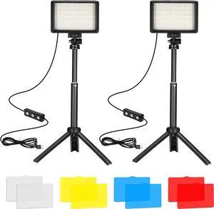 LED Video Light 2-Pack, 5600K Dimmable USB Photo Lights with Mini Tripod and Colored Filters for Photo Studios, Small Angle Shooting, Video Recording, Game Streaming
