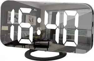 YGON Digital Alarm Clock, Large Mirror Display Surface LED Clocks with Dual USB Charger Ports, Auto/Custom Brightness,Modern Home Kitchen Bedroom Room Wall Decor, Alarm Clocks for Bedrooms - Black