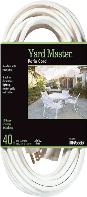 Woods Yard Master Light Duty Outdoor Extension Cord, 40Ft, 16 Gauge, 3 Conductor, Landscape and Patio Cord, White, 992382