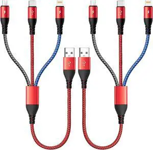Multi Charging Cable 4.5A Multi Charger Cable Braided 3 in 1 Charging Cable Multi USB Cable Fast Charging Cord with Type-C Micro USB and IP Port for Most Phones  Galaxy iPads LG (2Pack/1Ft)