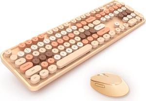 2.4G Full-Size Wireless Keyboard and Mouse Combo, Multi-Color Typewriter Style Round Keycap, Cute Candy Colors, Compatible with Notebook, PC (104 Keys,Milk Tea)