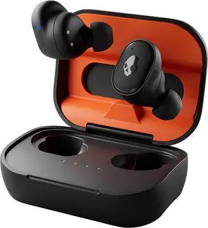 Grind Fuel Wireless Earbuds Bluetooth Headphones Up to 40 Hours Battery Noise Isolating Fit Wireless Charging Case Microphone Customizable via Skull-iQ App - True Black/Orange