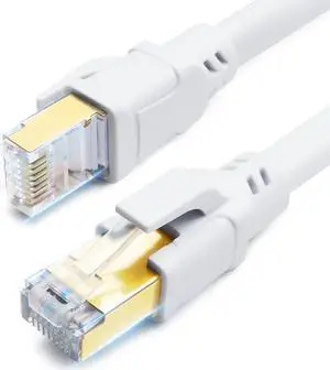 CAT 8 Ethernet Cable 65ft, Indoor & Outdoor, High Speed 40Gbps 2000MHz SFTP Internet Cable with Gold Plated RJ45 Connector for Gaming, Router, PC, Heavy Duty Weatherproof, UV Resistant (65ft White)