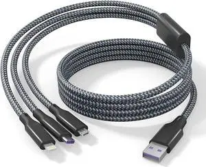 Multi Charging Cable 3M Nylon Braided Cord 3 in 1 USB charger Cable 10Ft Multiple Ports with Lightning Type C Micro USB Connectors for iPhone Android Cell Phones Tablets Universal Use Charging Only