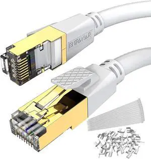 E Cat 8 Ethernet Cable 10 ft White High Speed 40Gbps 2000Mhz Lastest Gigabit Cat8 Ethernet Cord for Router Gaming Modem PS4 PS5 Xbox