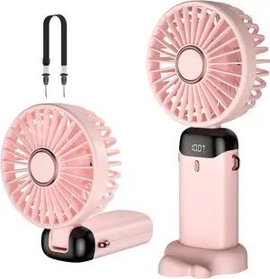 Rafada Handheld Fan, Mini Portable Fan USB Rechargeable, Small Pocket Fan 5 Speeds with Lanyard and Base, Built-in 4200mAh Battery USB Desk Fan Foldable for Office, Outdoor, Home, School (Pink)