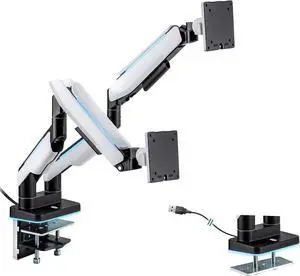 Mount-It! Heavy Duty Dual Monitor Arm up to 35 in. 44 lbs Screens, RGB Lights, 75x75 100x100 VESA Desk Mount for 2 Widescreen Curved Monitors 27 32 34 35 inches, Gas Spring, Clamp, Grommet, RGB Lights